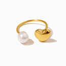 Anel aberto coração e pérola
